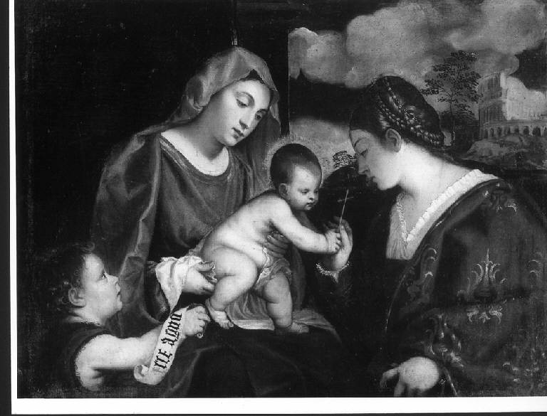 MADONNA CON IL BAMBINO, SAN GIOVANNINO E SANTA CATERINA (dipinto) di Vecellio Francesco (attr.) (secondo quarto sec. XVI)