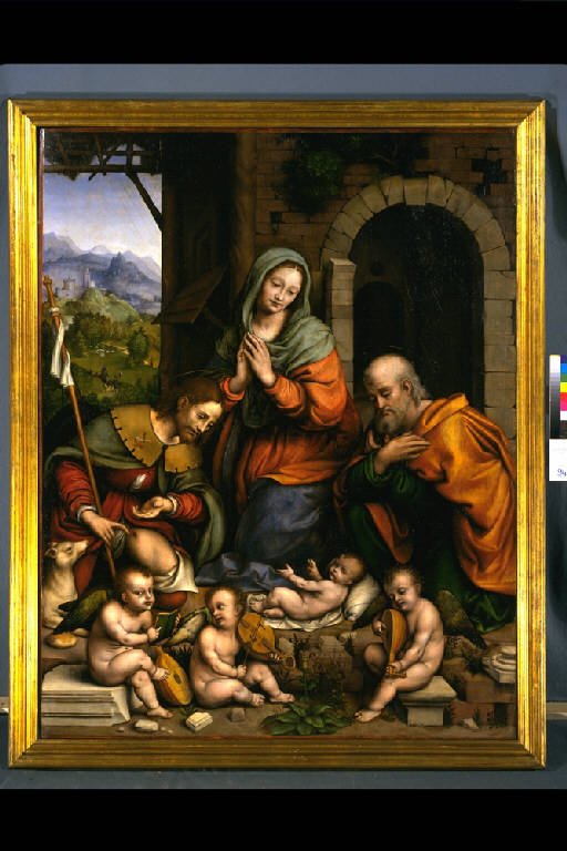 ADORAZIONE DEL BAMBINO CON SAN ROCCO (dipinto) di Rizzi Gian Pietro detto Giampietrino (sec. XVI)