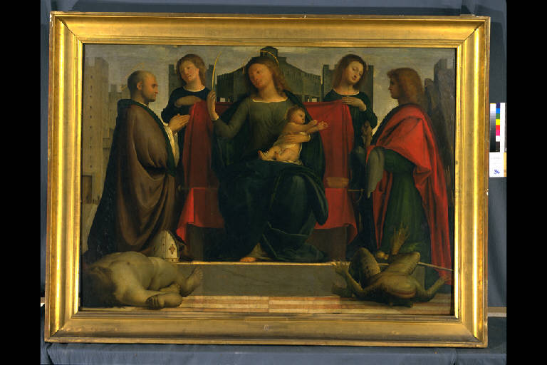Madonna delle torri, MADONNA IN TRONO CON IL BAMBINO TRA SANT'AMBROGIO E SAN MICHELE (dipinto) di Suardi Bartolomeo detto Bramantino (sec. XVI)