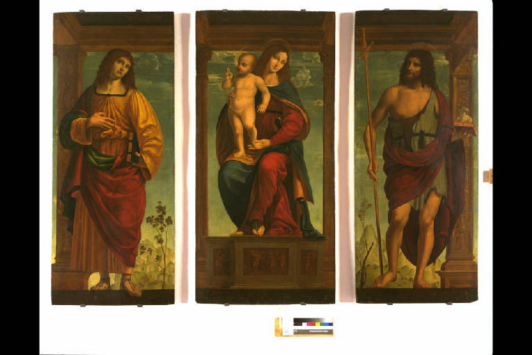 MADONNA CON IL BAMBINO, SAN GIOVANNI EVANGELISTA E SAN GIOVANNI BATTISTA (dipinto) di Marco d'Oggiono (sec. XVI)