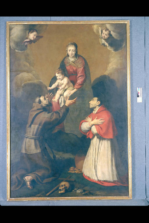 MADONNA IN GLORIA CON IL BAMBINO, S. FRANCESCO E S. CARLO (dipinto) di Crespi Daniele (sec. XVII)