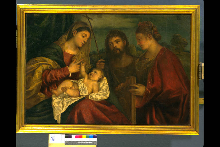 MADONNA CON IL BAMBINO, SAN GIOVANNI BATTISTA E SANTA CECILIA (dipinto) di Vecellio Tiziano (bottega) (metà sec. XVI)