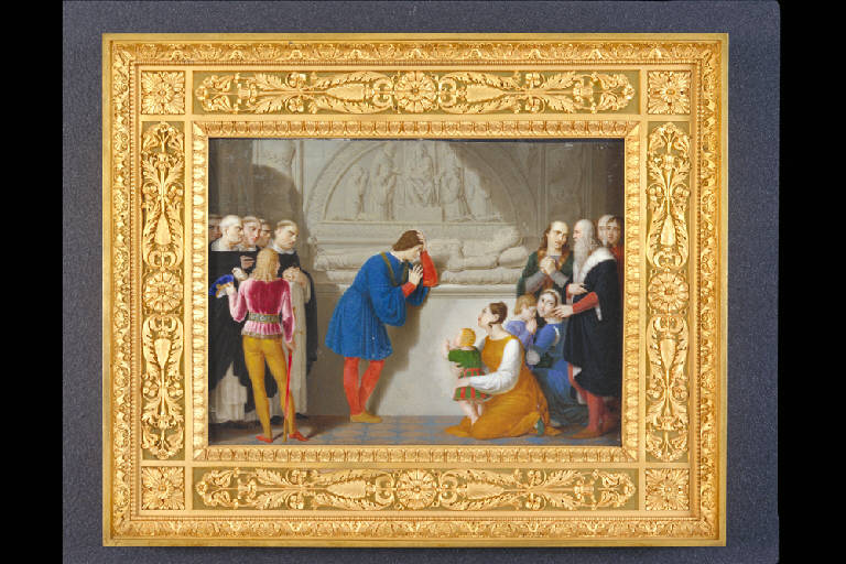 LUDOVICO IL MORO PRESSO LA TOMBA DI BEATRICE D'ESTE (miniatura) di Gigola Giovanni Battista (sec. XIX)