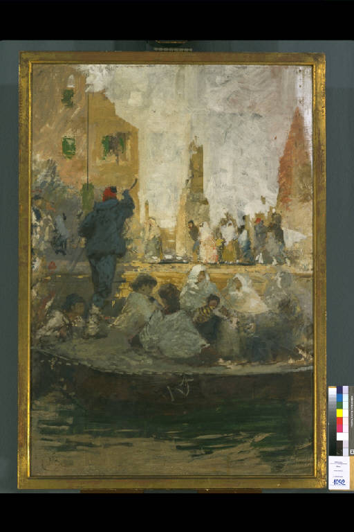 In barca, GRUPPO DI DONNE TRASPORTATE IN GONDOLA (dipinto) di Bianchi Mosè (sec. XIX)