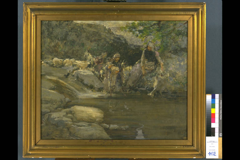 PECORE AL RUSCELLO (dipinto) di Bianchi Mosè (sec. XIX)