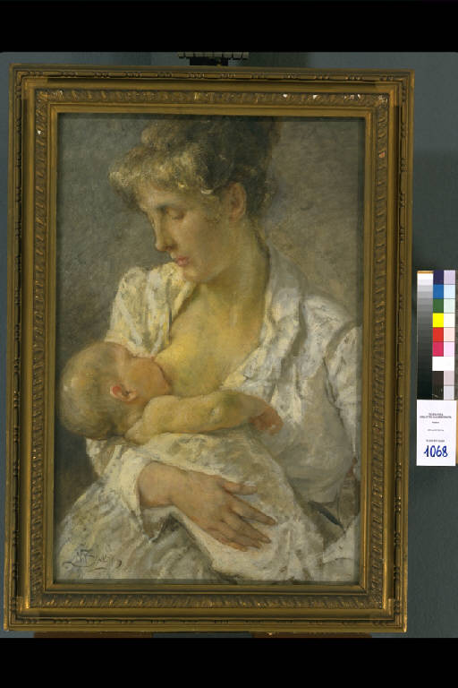 Maternità, DONNA CON BAMBINO AL SENO (dipinto) di Bianchi Mosè (fine sec. XIX)