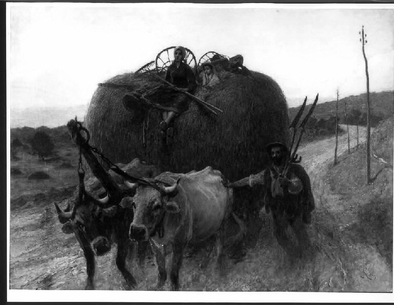 CARRO DI FIENO E CONTADINI (dipinto) di Rossi Luigi (primo quarto sec. XX)