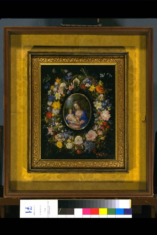 MADONNA CON IL BAMBINO ENTRO UNA GHIRLANDA DI FIORI (dipinto) di Brueghel Jan il Vecchio; Balen Hendrick van il Giovane (; attr.) (sec. XVII)