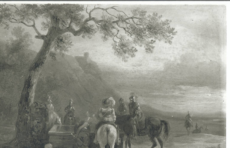 Cavalieri in sosta all'abbeveratoio, SCENA CAMPESTRE CON FIGURE (dipinto) di D'Azeglio Massimo (sec. XIX)