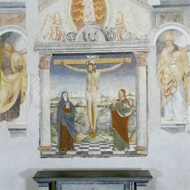 Crocifissione di Cristo con la Madonna, san Giovanni Evangelista e santa Maria Maddalena (dipinto murale) - ambito lombardo (terzo quarto sec. XV)
