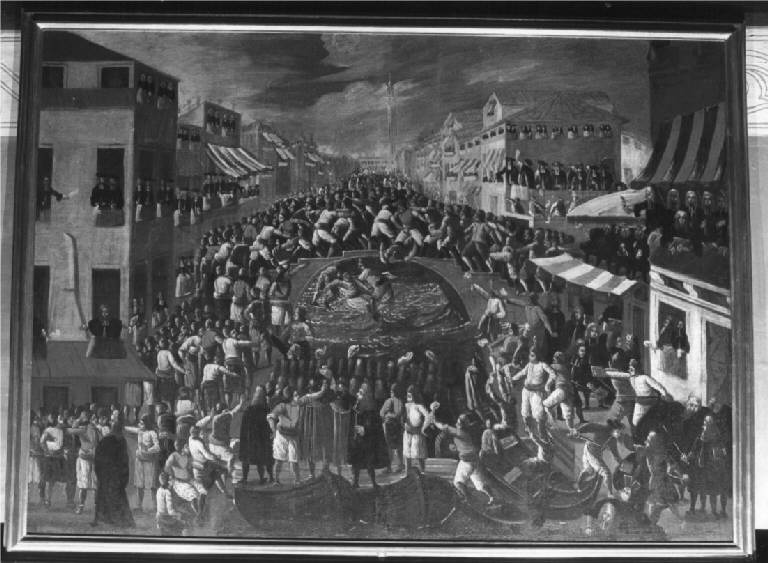 FESTE VENEZIANE: LA BATTAGLIA DEI PUGNI SUL PONTE DI SANTA BARNABA (dipinto) di Heintz Joseph il Giovane (sec. XVII)