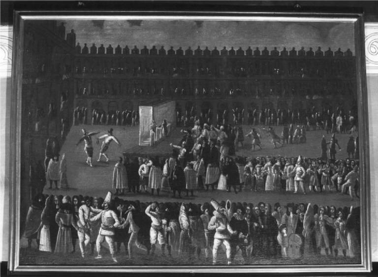 FESTE VENEZIANE: MASCHERE E IL PALCO DELL'ARTE IN PIAZZETTA SAN MARCO (dipinto) di Heintz Joseph il Giovane (sec. XVII)