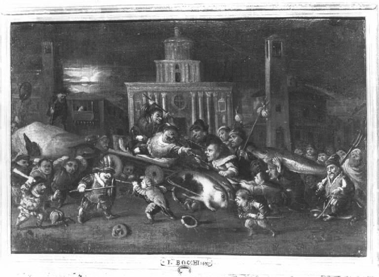 SCENA CARNEVALESCA CON NANI IN PIAZZA DEL DUOMO A BRESCIA (dipinto) di Bocchi Faustino detto Bamboccio (fine sec. XVII)