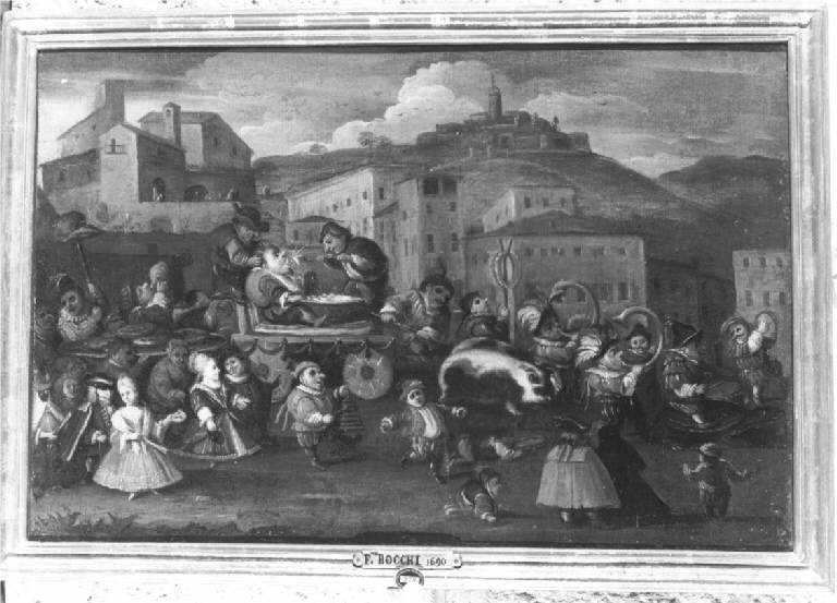 SCENA CARNEVALESCA CON NANI IN PIAZZA BRESCIANA (dipinto) di Bocchi Faustino detto Bamboccio (fine sec. XVII)