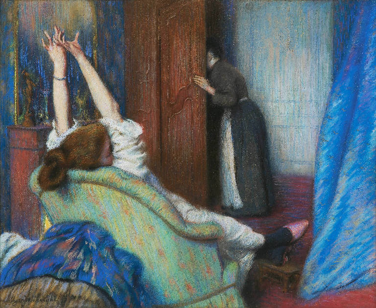 Il risveglio - Femme qui s'étire, Ritratto di donna (dipinto) di Zandomeneghi, Federico (sec. XIX)