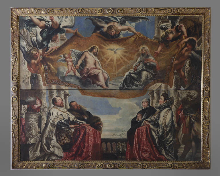 La famiglia Gonzaga in adorazione della SS.ma Trinità, Trinità, Angeli reggicortina, Figura femminile inginocchiata, Figura maschile inginocchiata (dipinto) di Rubens, Pieter Paul (sec. XVII)