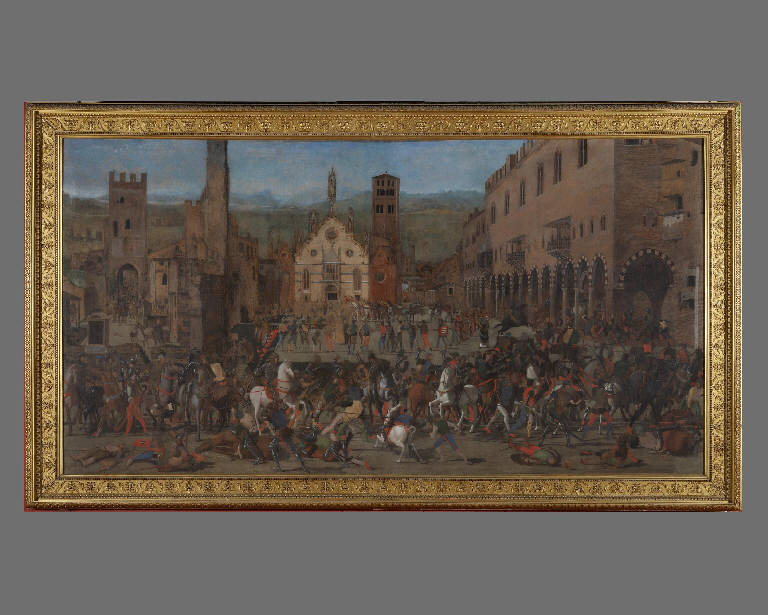 La cacciata dei Bonacolsi, Cacciata dei Bonacolsi, Architettura (dipinto) di Morone, Domenico (sec. XV)