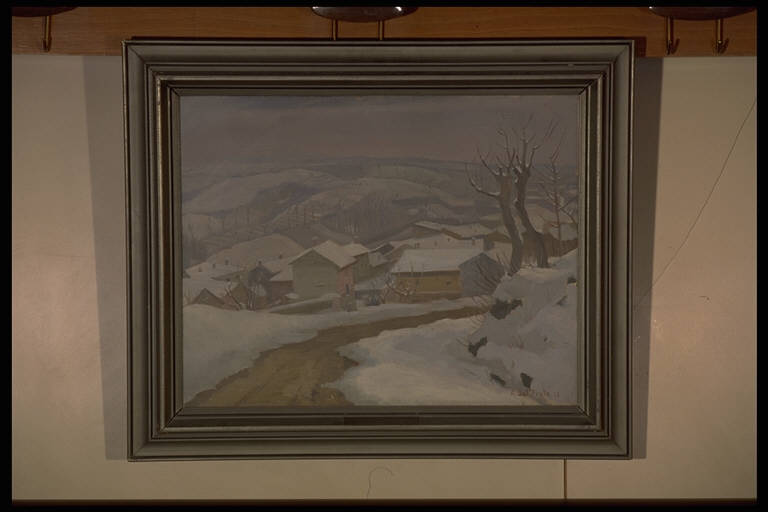 Nevicata, PAESAGGIO CON ARCHITETTURE (dipinto) di Ruberti, Francesco (sec. XX)