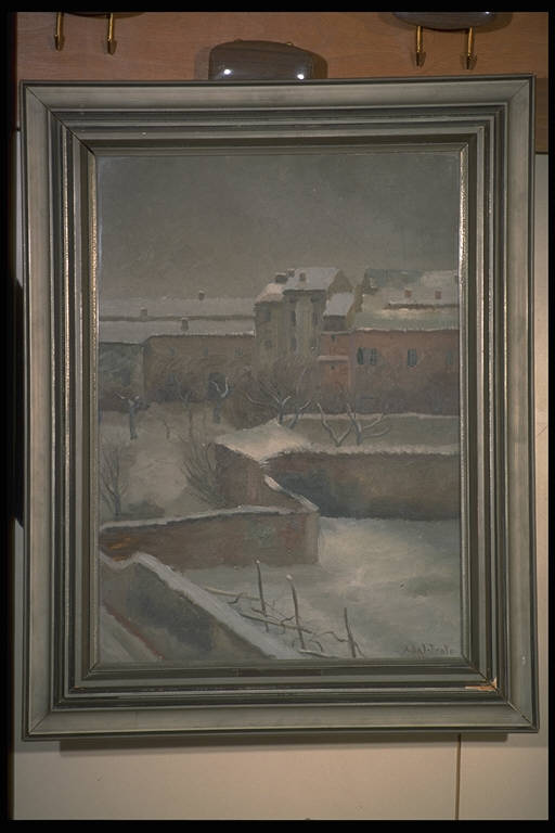 Nevicata, PAESAGGIO CON ARCHITETTURE (dipinto) di Dal, Prato, Alessandro (sec. XX)