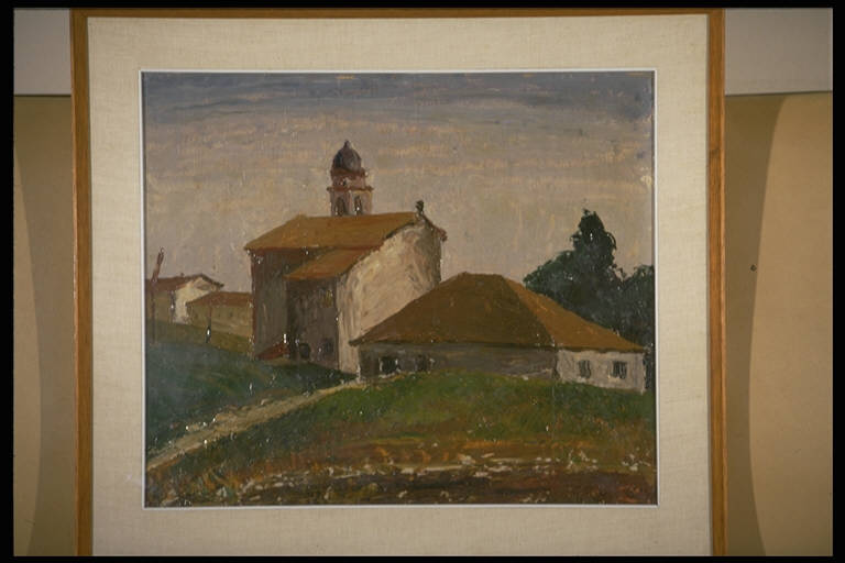 Paesaggio con chiesa, PAESAGGIO CON ARCHITETTURE (dipinto) di Resmi, Guido (sec. XX)