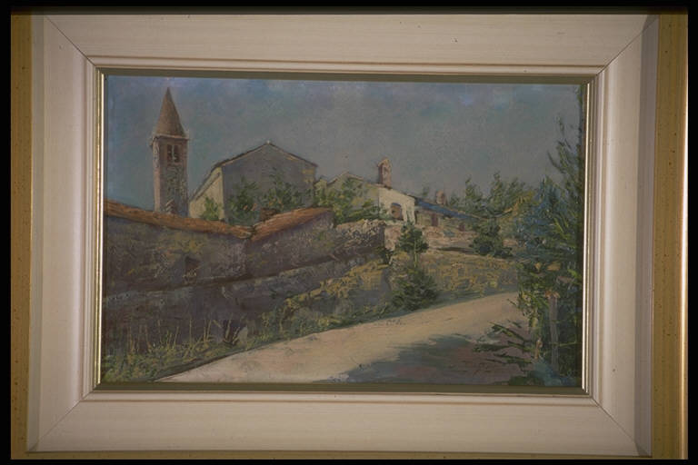 Strada della chiesa, PAESAGGIO CON ARCHITETTURE (dipinto) di Tegon, Arnaldo (sec. XX)