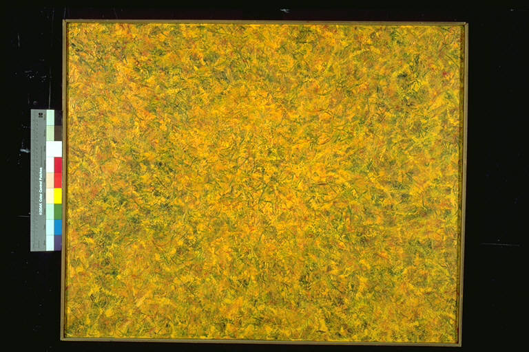 Luce - natura, Dipinto informale ove il colore dominante è il giallo; segni e colori di fondo nei toni dei verdi, e rossi (dipinto) di Pulga, Bruno (ultimo quarto sec. XX)