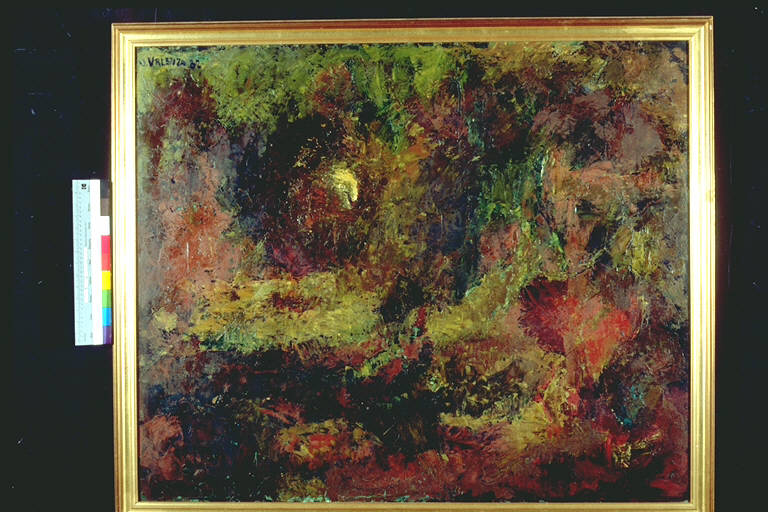Autunno, Paesaggio dai toni brumosi evocato tramite una pennellata densa e corrusca (dipinto) di Valenza, Ugo (ultimo quarto sec. XX)