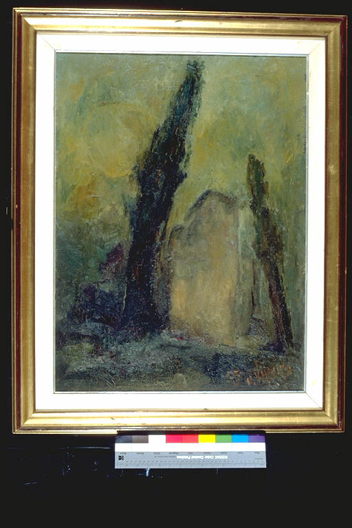 Chiesetta a Monzambano, Costruzione tra due alberi (dipinto) di Valenza, Ugo (ultimo quarto sec. XX)