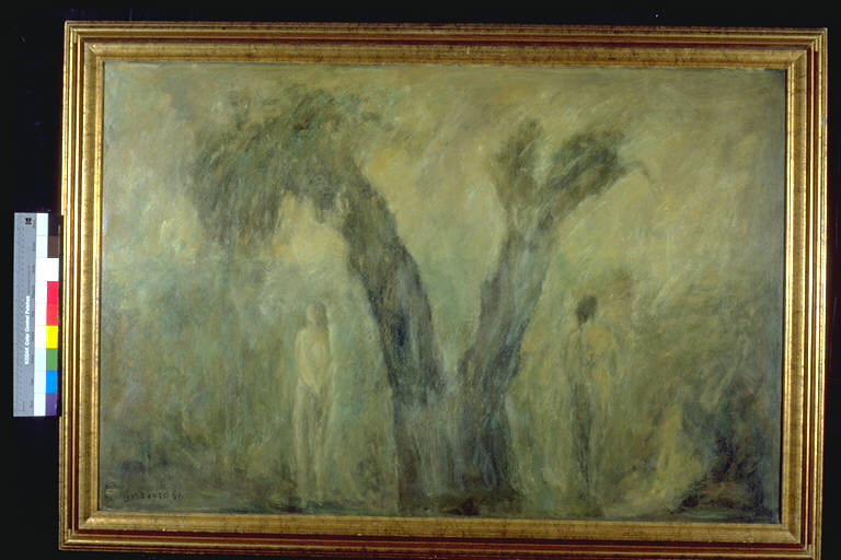 Adamo ed Eva, Due alberi al centro; a sinistra, figura femminile; a destra, figura maschile (dipinto) di Valenza, Ugo (ultimo quarto sec. XX)