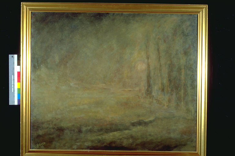 Paesaggio, Paesaggio con radura, filiformi tronchi sulla destra e disco solare (dipinto) di Valenza, Ugo (ultimo quarto sec. XX)