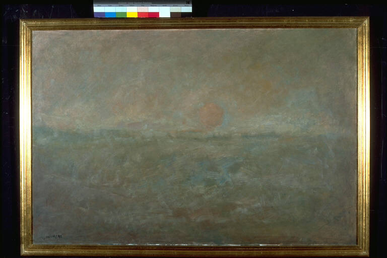Tramonto, Paesaggio campestre con sole al tramonto (dipinto) di Valenza, Ugo (ultimo quarto sec. XX)