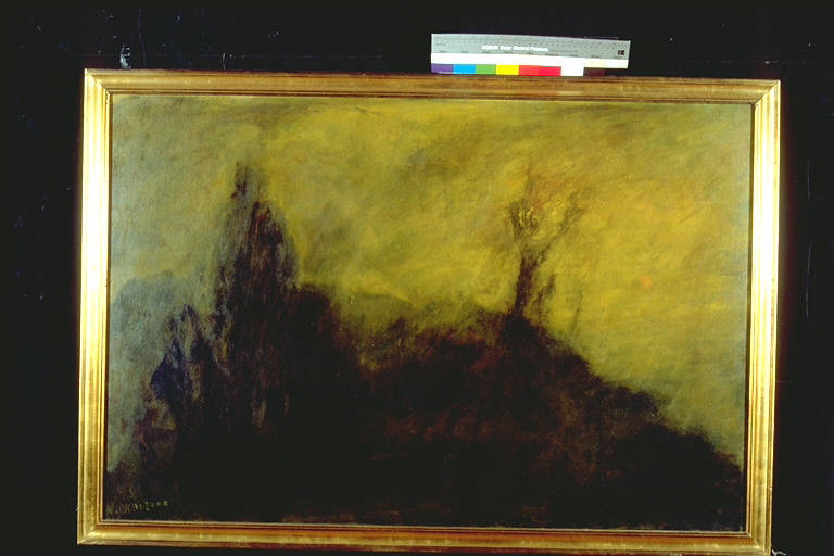 Ricordo, Paesaggio con figura umana a sinistra e albero a destra (dipinto) di Valenza, Ugo (ultimo quarto sec. XX)