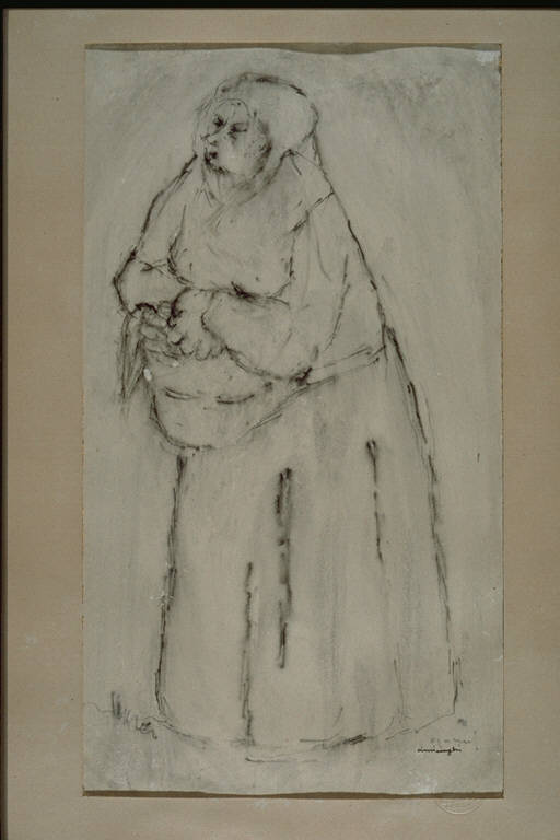 Contadina bergamasca, Figura femminile stante, velata, con il grembiule raccolto in grembo, a mò di cesta (disegno) di Ciminaghi, Virgilio (secondo quarto sec. XX)