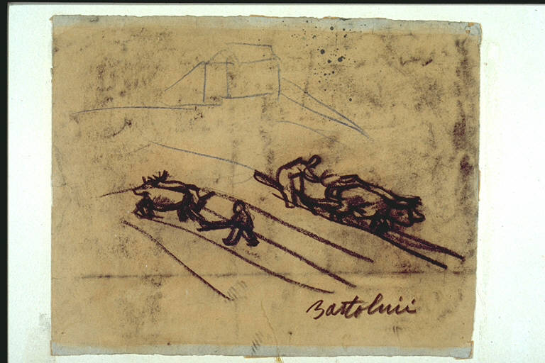 Gli aratori, Due contadini al lavoro con l'aratro a trazione animale (disegno) di Bartolini, Luigi (secondo quarto sec. XX)