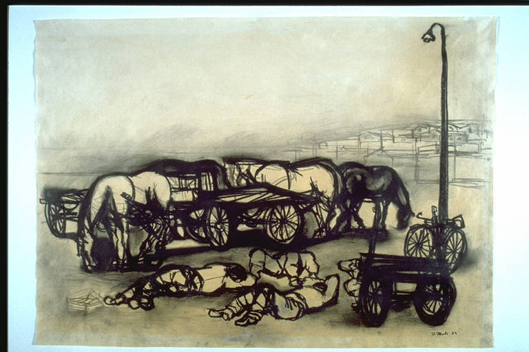 Carrettieri, Tre uomini dormono, sdraiati a terra; attorno a loro, carri trainati da cavalli in riposo e una bicicletta (disegno) di Attardi, Ugo (terzo quarto sec. XX)