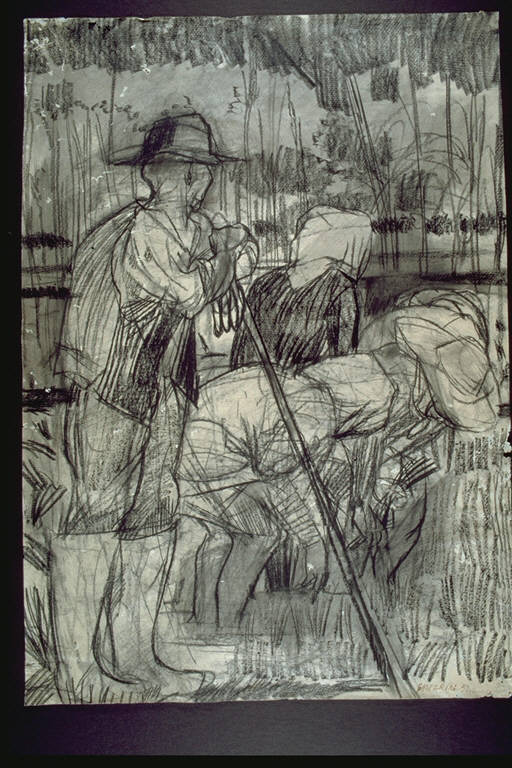 Donne in risaia, Mondine al lavoro e sorvegliante appoggiato ad un bastone (disegno) di Gasparini, Giansisto (terzo quarto sec. XX)