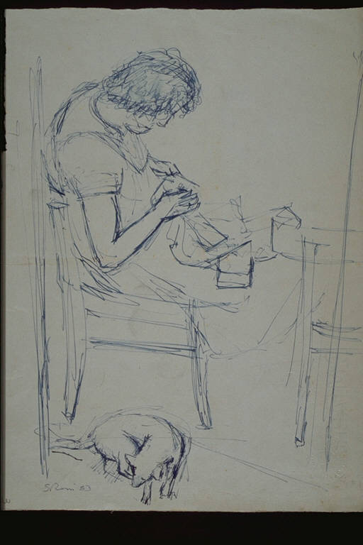 Donna che cuce, Figura femminile seduta, in atto di cucire, con cane accanto alla sedia (disegno) di Rossi, Sante (terzo quarto sec. XX)