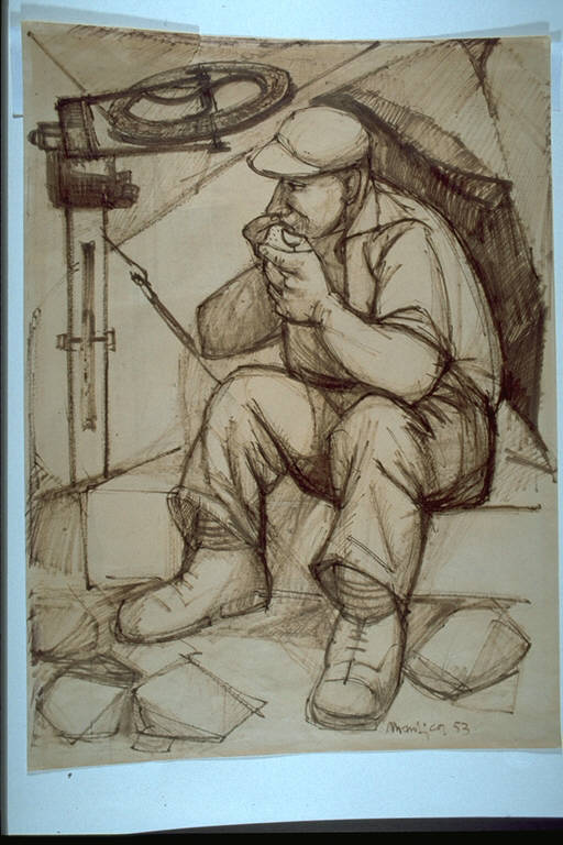 Il pasto del cavatore, Figura di lavoratore seduto intento a mangiare (disegno) di Mantica, Alfredo (terzo quarto sec. XX)