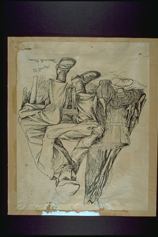Bracciante toscano, Figura di lavoratore seduto, mentre prendeil suo misero pasto (disegno) di Bagnoli, Giorgio (terzo quarto sec. XX)