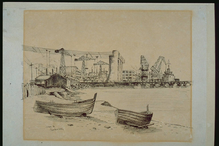 Barche a Sestri, Veduta portuale, con gru e tralicci elettrici, con due barche in primo piano (disegno) di Ziveri, Guido (terzo quarto sec. XX)