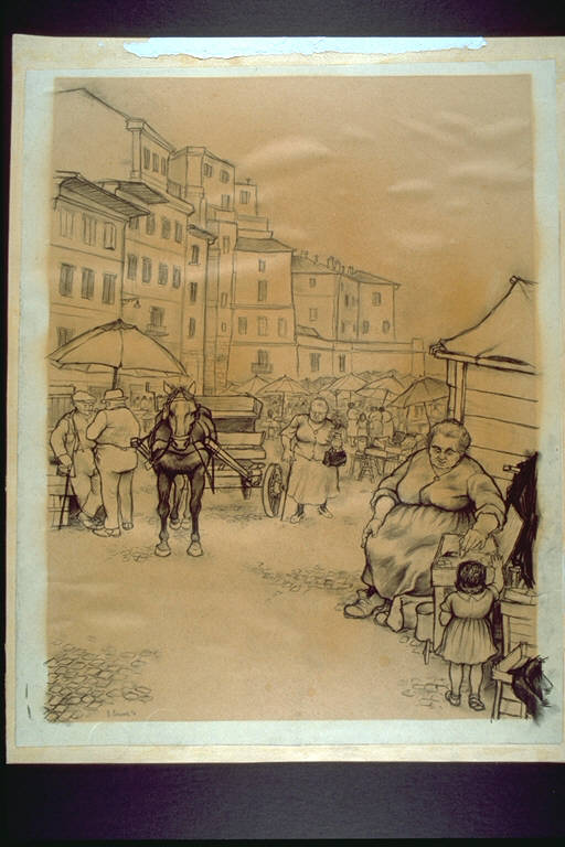 Mercato in Campo de' Fiori, Scena di mercato in città (disegno) di Canova, Bruno (terzo quarto sec. XX)