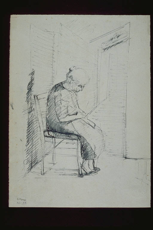 Donna che rammenda, Figura femminile seduta, intenta a cucire (disegno) di Rossi, Sante (terzo quarto sec. XX)