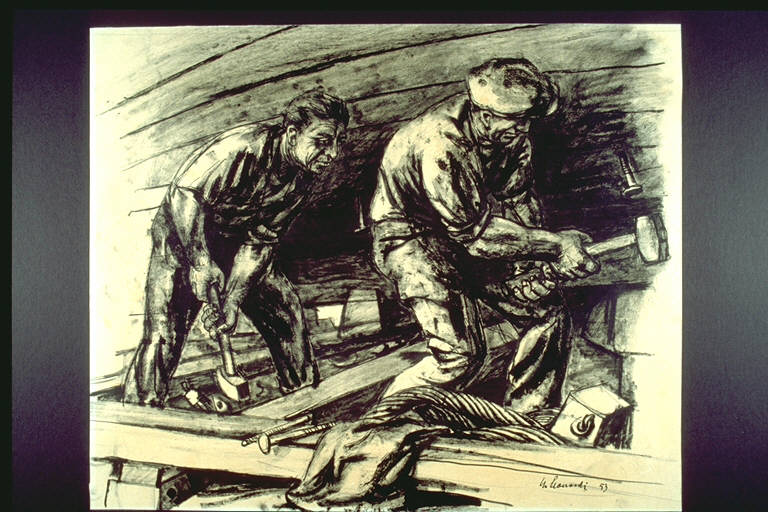 Operai del cantiere, Due figure maschili al lavoro con matrelli ed altri attrezzi (disegno) di Leonardi, Nello (terzo quarto sec. XX)