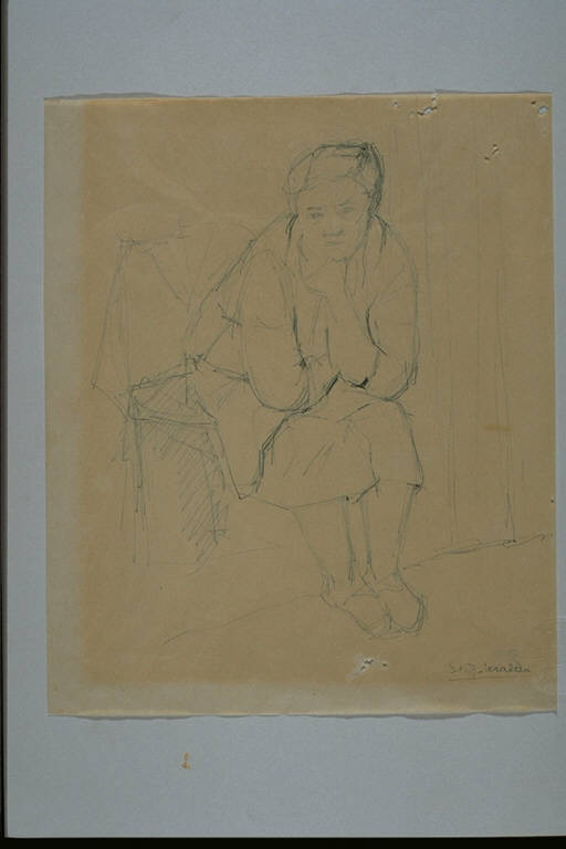 Donna che riposa, Figura femminile sduta, con i gomiti appoggiati alle ginocchia (disegno) di Beraldo, Stefania (terzo quarto sec. XX)