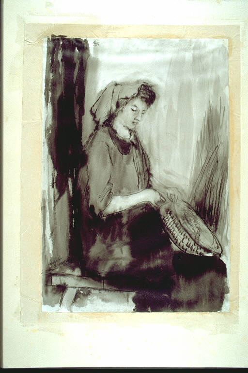 La cestaia, Figura femminile seduta che intreccia un cesto (disegno) di Corradini, Elio, (Korri) (terzo quarto sec. XX)