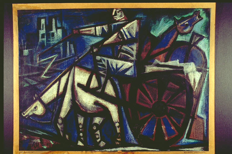 Cavallante, Un carretto trainato da un cavallo e guidato da una figura maschile Dietro sta un altro cavallo (disegno) di Hettner, Rolando (terzo quarto sec. XX)