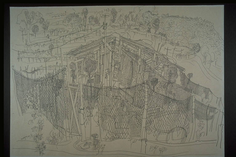 Il pollaio, Piccola costruzione circondata da una recinzione inserito in un paesaggio campestre (disegno) di Longoni, Alberto (terzo quarto sec. XX)