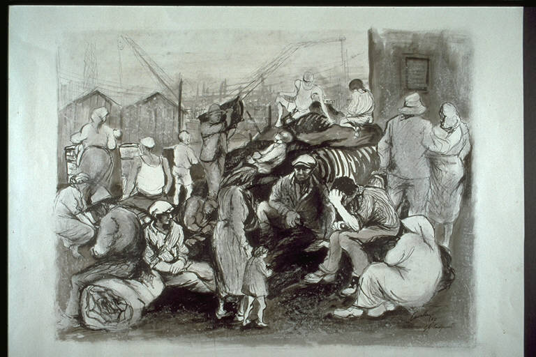 Gli emigranti, Folto gruppo di persone vestite poveramente (disegno) di Cavallari, Alberto (terzo quarto sec. XX)