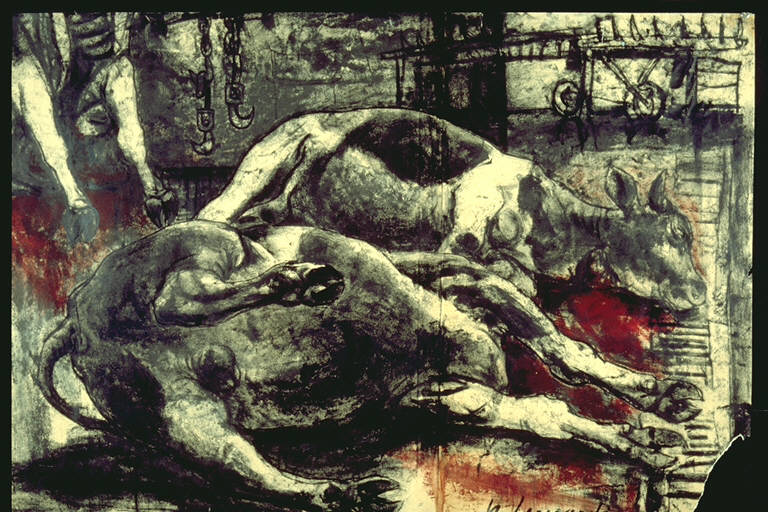 Macellazione buoi, Bovino accasciato a terra, colpito a morte (dipinto) di Leonardi, Nello (terzo quarto sec. XX)