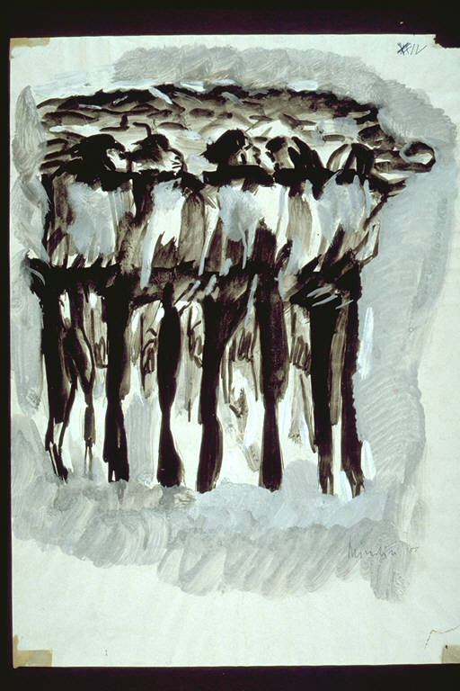 Uomini muro, Elementi segnici neri, nei quali è possibile identificare stilizzate figure umane, presentati in fila frontale Ambientazione grigio-azzurra (disegno) di Brindisi, Remo (terzo quarto sec. XX)